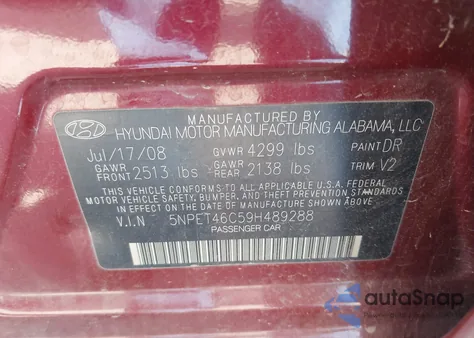 2009 Hyundai Sonata Gls из США, поврежденный, VIN 5NPET46C59H489288